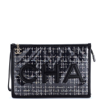 Chanel Logo Wristlet Clutch PVC Over Quilted Tweed Large