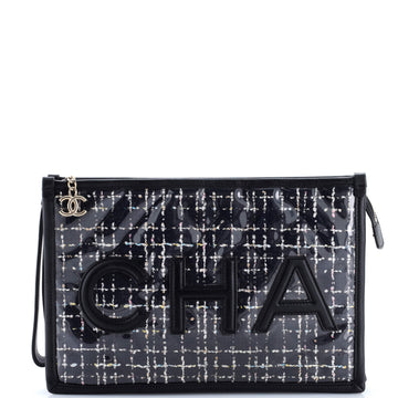 Chanel Logo Wristlet Clutch PVC Over Quilted Tweed Large