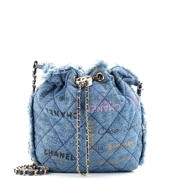 Chanel Denim Mood Chain Bucket Bag Logo Printed Quilted Fringe Denim Medium