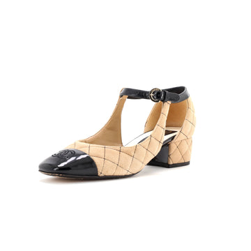 Chanel Women's CC Cap Toe Ankle Strap Flats Quilted Suede with Patent