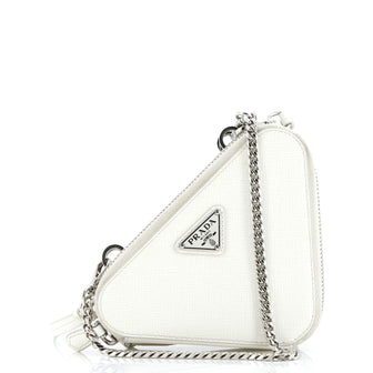 Prada Triangle Double Zip Pouch Bag with Chain Saffiano Leather Mini