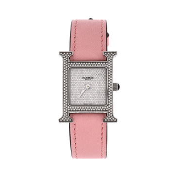 Hermes Heure H Quartz Watch Stainless Steel and Leather with Diamond Bezel and Pave Dial 21