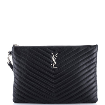 Saint Laurent Classic Monogram Wristlet Pouch Matelasse Chevron Leather Medium