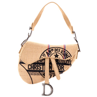 Christian Dior Saddle Bag Embroidered Jute Canvas Medium