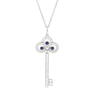 Tiffany & Co. Fleur de Lis Key Pendant Necklace Platinum with Diamonds and Blue Sapphires Large