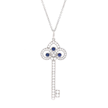 Tiffany & Co. Fleur de Lis Key Pendant Necklace Platinum with Diamonds and Blue Sapphires Large