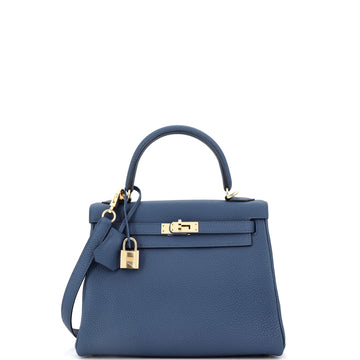 Hermes Kelly Handbag Blue Togo with Permabrass Hardware 25