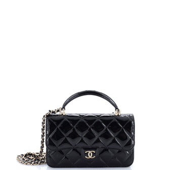 Chanel Classic Top Handle Flap Phone Holder with Chain Quilted Patent