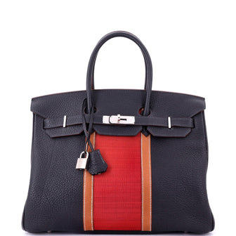 Hermes Club Birkin Bag Blue Fjord and Red Crinoline with Palladium Hardware 35