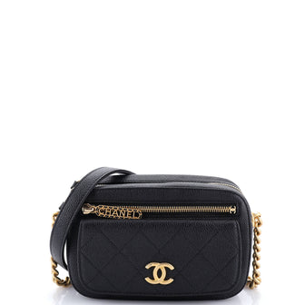 Chanel Logo Zipper Front Pocket Chain Camera Bag Quilted Caviar Small