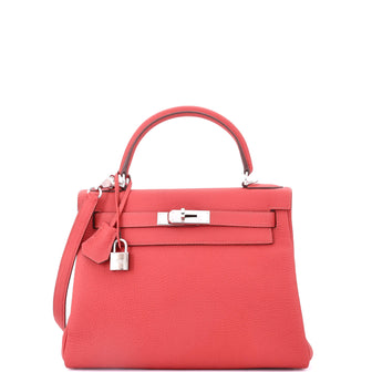 Hermes Kelly Handbag Red Clemence with Palladium Hardware 28