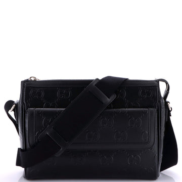 Gucci Front Pocket Messenger Bag GG Embossed Perforated Leather Medium