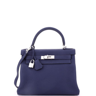 Hermes Kelly Handbag Blue Clemence with Palladium Hardware 28
