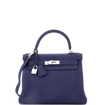 Hermes Kelly Handbag Blue Clemence with Palladium Hardware 28