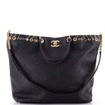 Chanel Piercing Chic Shopping Tote Grommet Embellished Stitched Caviar with Chain Detail Large