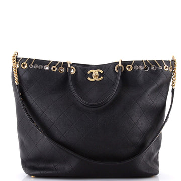 Chanel Piercing Chic Shopping Tote Grommet Embellished Stitched Caviar with Chain Detail Large