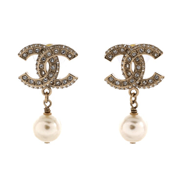 Chanel CC Pearl Drop Earrings Faux Pearl and Metal with Crystals