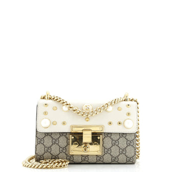 Gucci Pearly Padlock Shoulder Bag GG Coated Canvas with Studded Leather Small