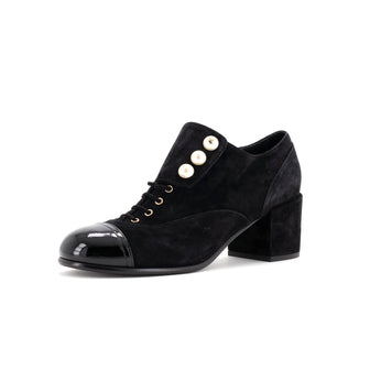 Chanel Women's Cap Toe Pearl Button Lace Up Booties Suede and Patent
