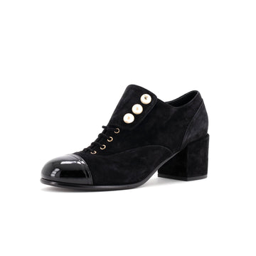 Chanel Women's Cap Toe Pearl Button Lace Up Booties Suede and Patent