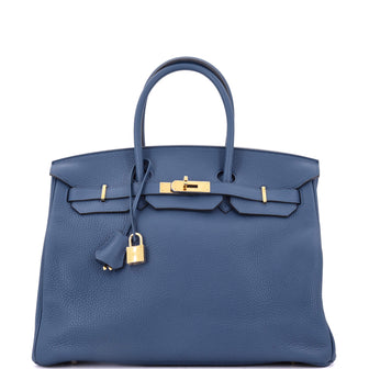Hermes Birkin Handbag Blue Clemence with Gold Hardware 35