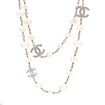 Chanel CC Station Long Necklace Metal with Faux Pearls and Crystals