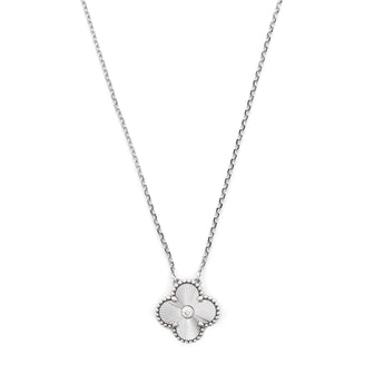 Vintage Alhambra Pendant Necklace Guilloche 18K White Gold with Diamond