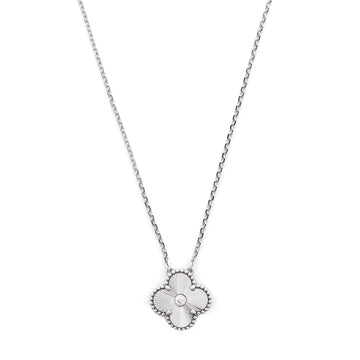 Vintage Alhambra Pendant Necklace Guilloche 18K White Gold with Diamond