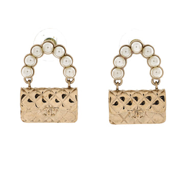 Chanel Flap Bag Stud Earrings Metal and Faux Pearls
