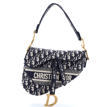 Christian Dior Saddle Handbag Logo Embroidered Oblique Canvas Medium