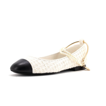 Chanel Women's Ballet Flats with Ankle Chain Tweed with Faux Pearls