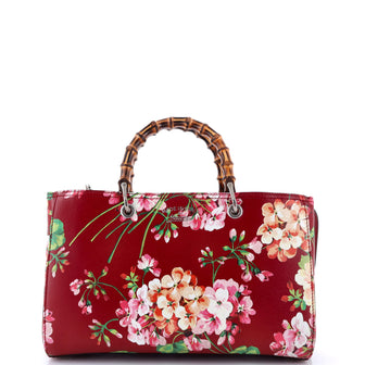 Gucci Bamboo Shopper Tote Blooms Print Leather Medium