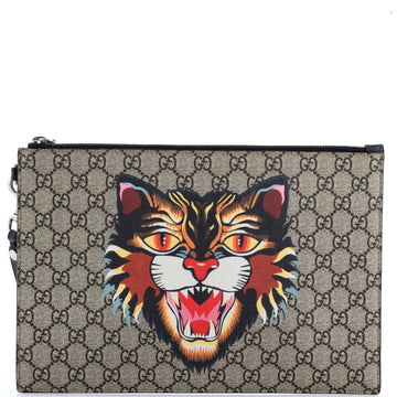 Gucci Zipped Pouch Angry Cat GG Coated Canvas Large