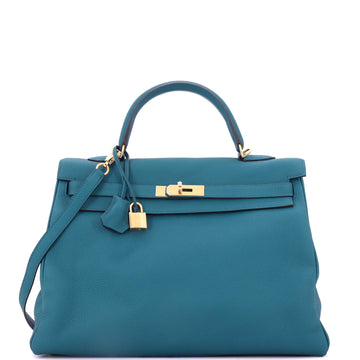 Hermes Kelly Handbag Blue Togo with Gold Hardware 35