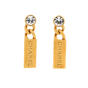 Chanel CC Plate Logo Dangle Earrings Metal with Crystals