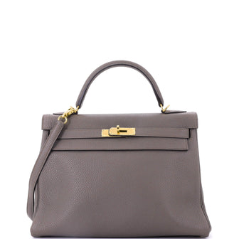 Hermes Kelly Handbag Grey Clemence with Gold Hardware 32