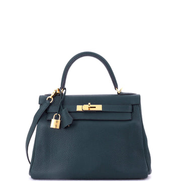Hermes Kelly Handbag Green Clemence with Gold Hardware 28