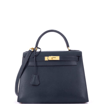 Hermes Kelly Handbag Blue Courchevel with Gold Hardware 28