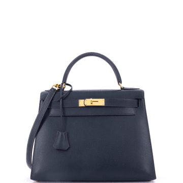 Hermes Kelly Handbag Blue Courchevel with Gold Hardware 28