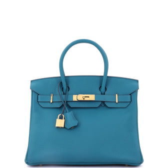 Hermes Birkin Handbag Blue Clemence with Gold Hardware 30