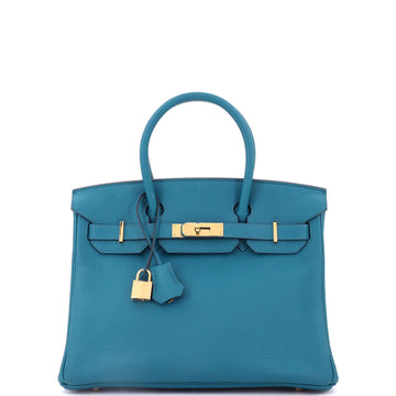 Hermes Birkin Handbag Blue Clemence with Gold Hardware 30