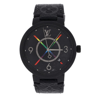 Louis Vuitton Tambour Slim Rainbow Quartz Watch Stainless Steel and Monogram Eclipse Canvas 39