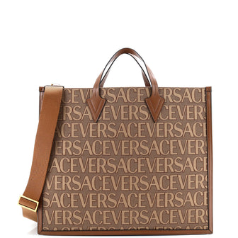 Versace Allover Logo Convertible Tote Printed Canvas Large