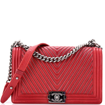 Chanel Boy Flap Bag Chevron Calfskin with Micro Chain Detail Old Medium