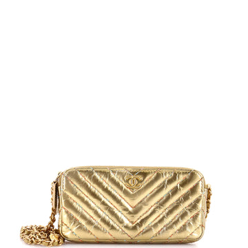 Chanel Beetle Charm Double Zip Clutch with Chain Chevron Crumpled Metallic Patent