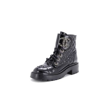 Chanel Women's Chain CC Cap Toe Lace Up Combat Boots Quilted Shiny Calfskin