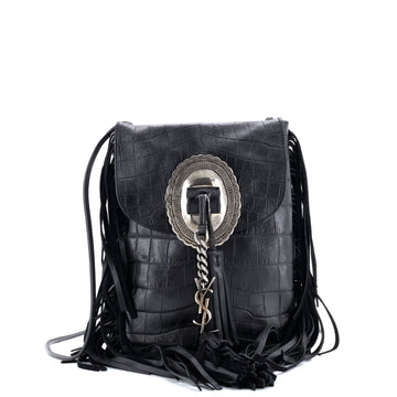 Saint Laurent Anita Flat Fringe Crossbody Bag Crocodile Embossed Leather