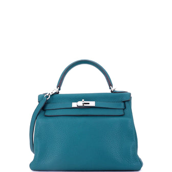 Hermes Kelly Handbag Blue Clemence with Palladium Hardware 28