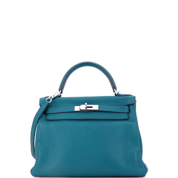 Hermes Kelly Handbag Blue Clemence with Palladium Hardware 28