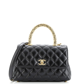 Chanel Coco Top Handle Bag Quilted Calfskin with Logo Metal Handle Mini